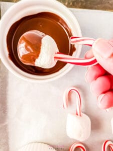 dipping a candy cane marshmallow into melted chocolate
