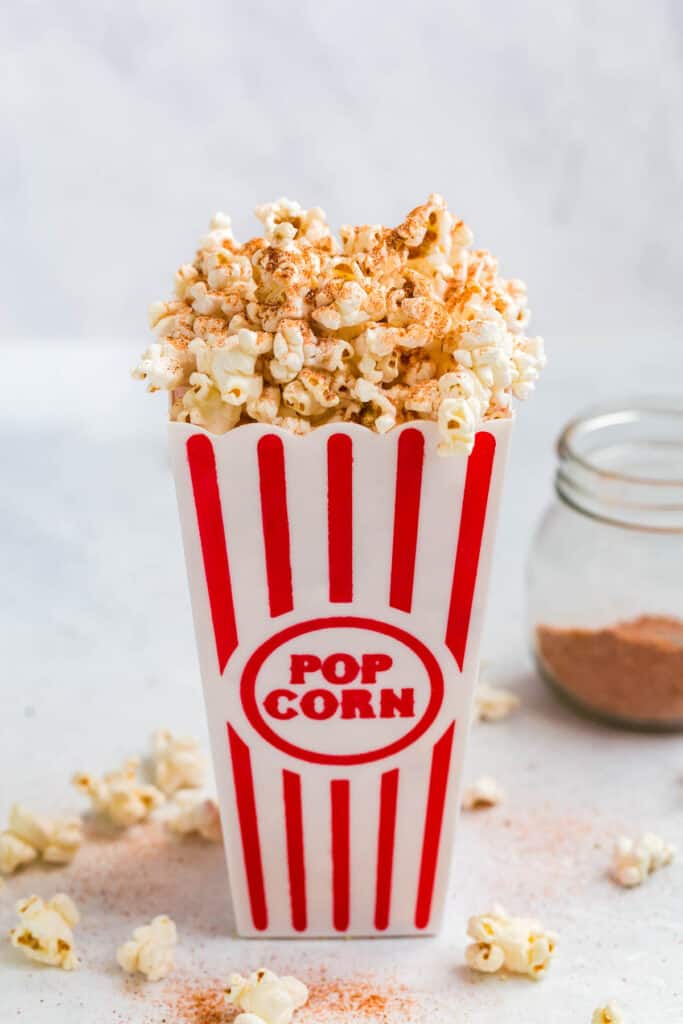 buffalo wing popcorn in a popcorn container