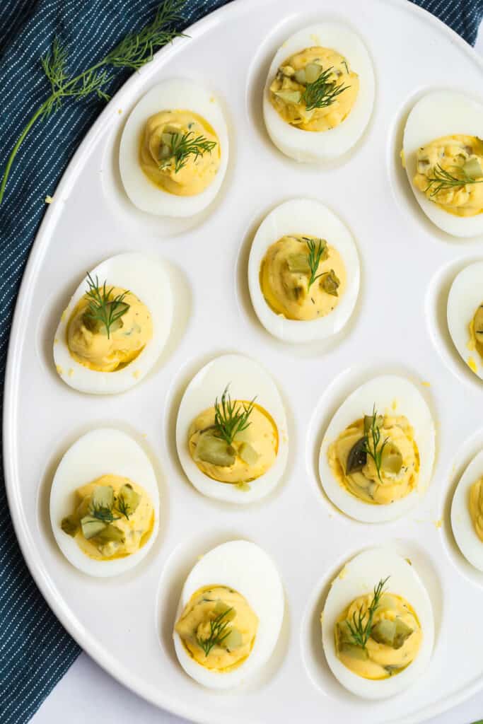 over head view dill pickle devilled eggs on a platter