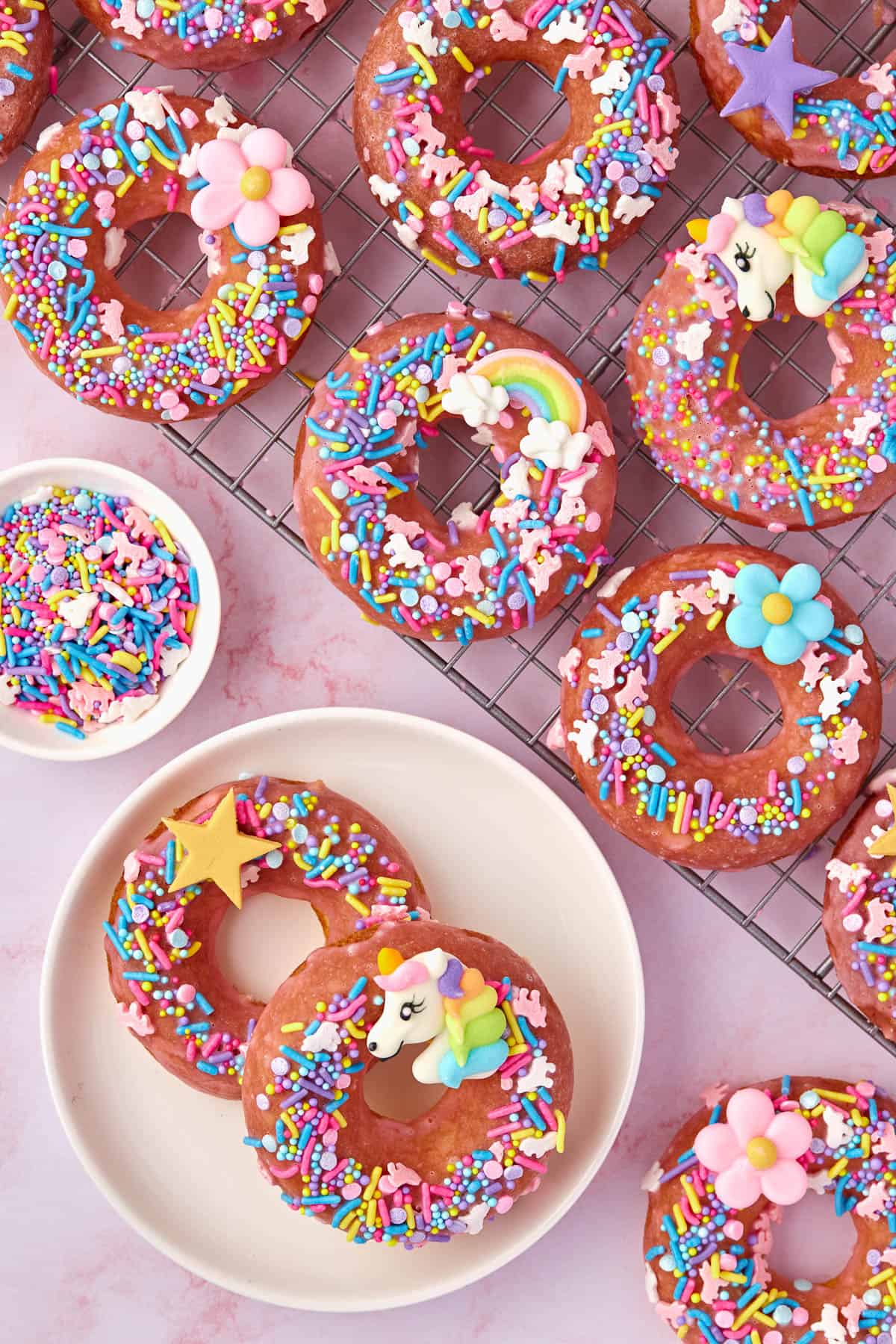 these cake donuts are a great idea for a unicorn party