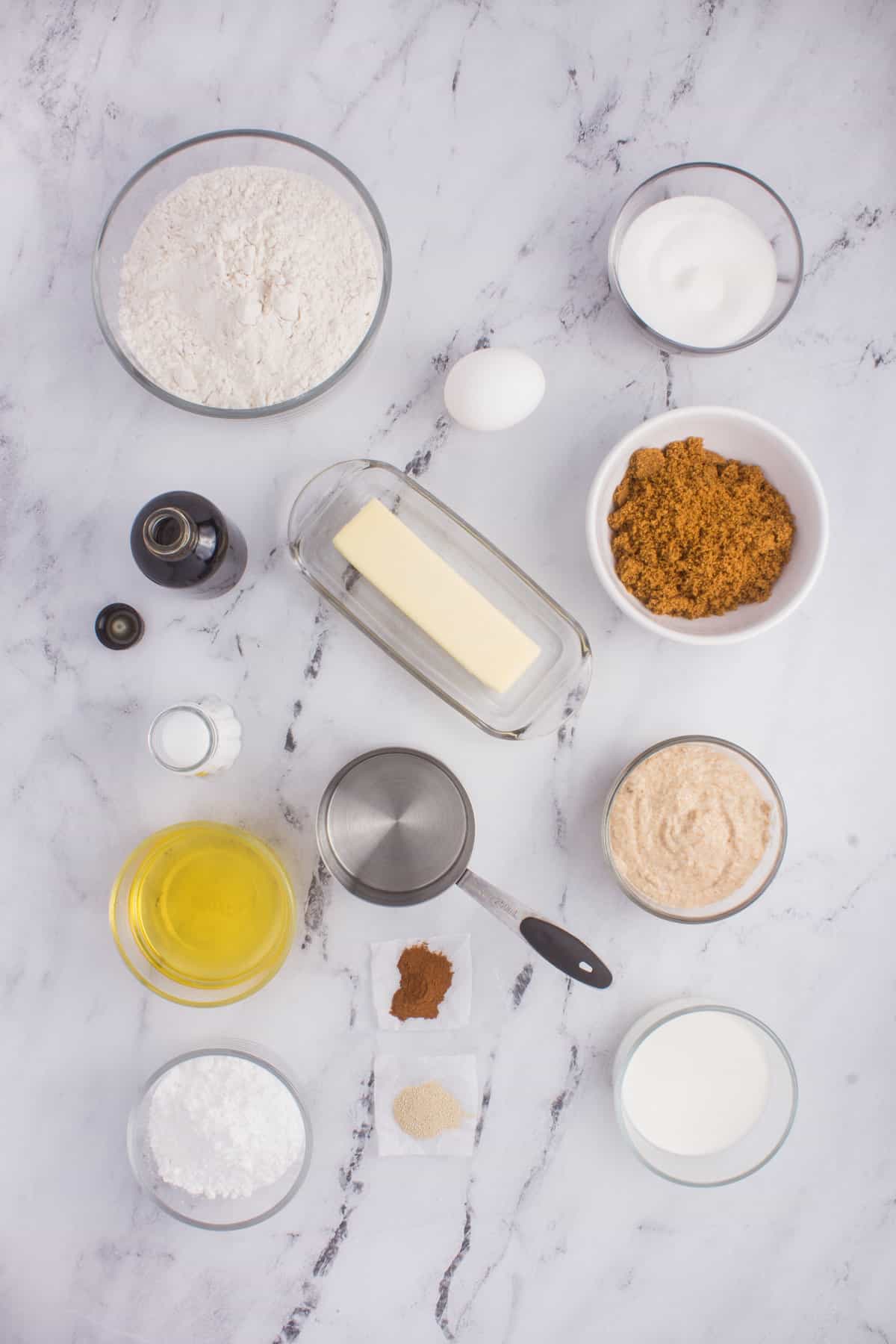 ingredients to make cinnamon buns with a sourdough starter